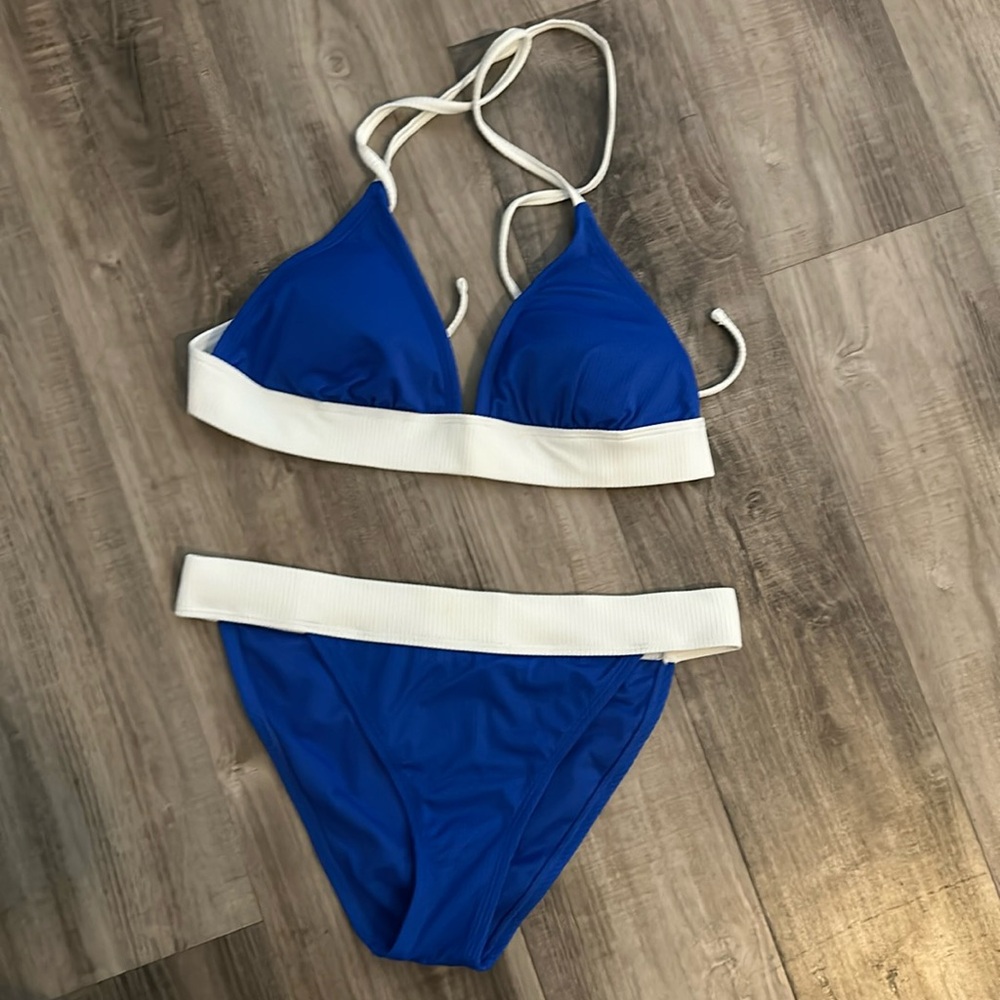 Xhilaration blue and white bikini. Large top, medium bottom!
